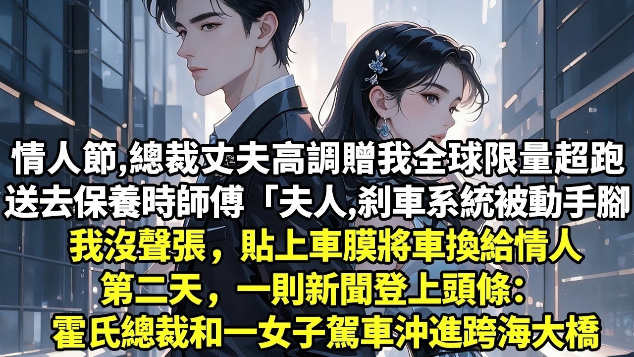 情人節，總裁丈夫高調贈我全球限量超跑送去保養時師傅「夫人，刹車系統被動了手腳」我沒聲張，貼上車膜將車換給情人第二天，一則新聞登上頭條： 霍氏總裁和一女子駕車沖進跨海大橋#現實情感#豪門言情#為人