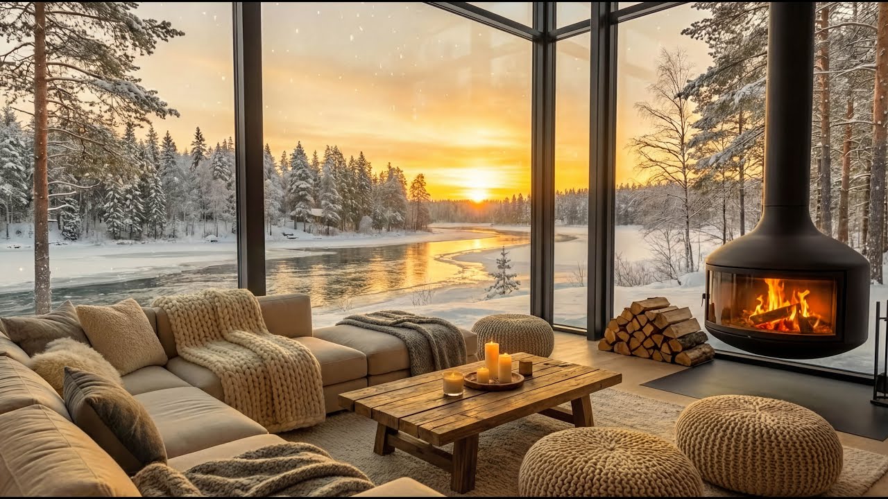 4K Snowy Riverbank with Smooth Piano Jazz for Relaxing, Studying and Working