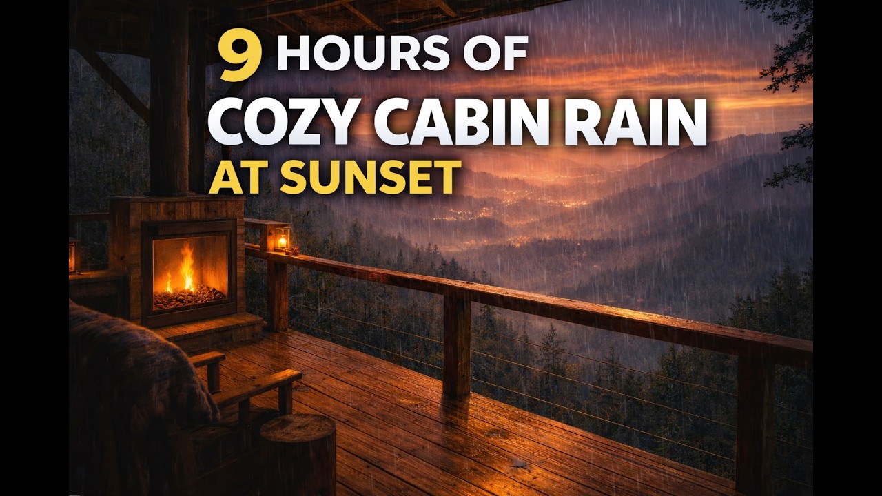 9 Hours of Cozy Cabin Rain at Sunset, Fireplace & Mountain Rain Sounds for Deep Sleep or Study