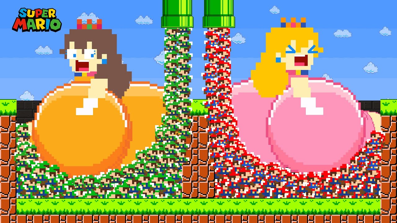 Super Mario Bros. but 999 Tiny Mario turn Peach and Daisy to Giant BUTT | Game Animation