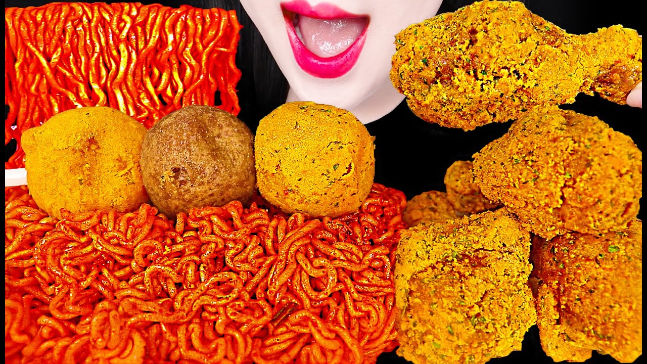 ASMR Fried Chicken, Cheese Ball, Noodles 뿌링클 치킨 닭다리, 라면볶이, 스파게티, 치즈볼 먹방 Mukbang, Eatng