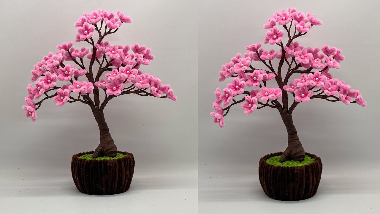 DIY | How to Make a Beautiful Cherry Blossoms From Pipe Cleaner | Pipe cleaner flower pot
