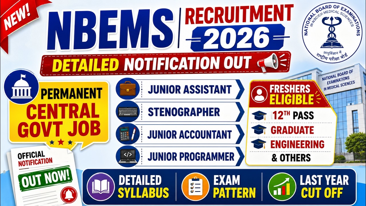 NBEMS Detailed Notification Out 2026 | ✅ NBEMS Junior Assistant Syllabus, Cut Off | 12th Pass Job