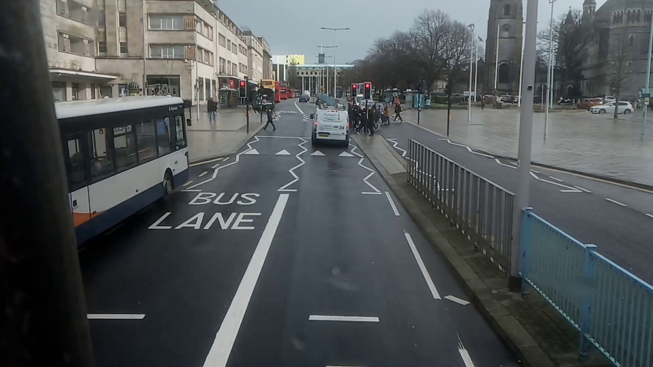 Bus departure at Plymouth with buses to film. 17.2.2020.