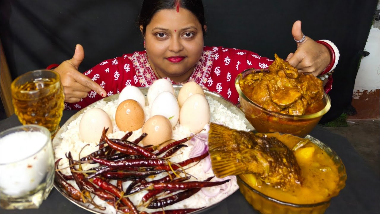 ASMR RICE SPICY EGG BHORTA KATLA MACHER JOL SPECIAL CHICKEN GIZZARD CURRY EATING 
