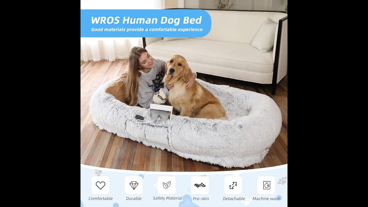 Human Dog Bed Fits You & Pets, Washable Faux Fur, Orthopedic, Plump Pillow, Blanket