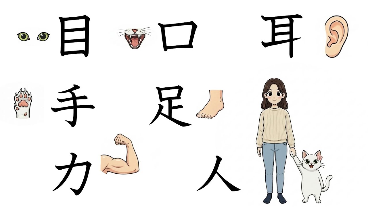 [JLPT N5] 目 口 耳 手 足 力 人 Learn 7 Basic Japanese Kanji #kanji#nihongo#studyjapanese#漢字 #catperson #日本語