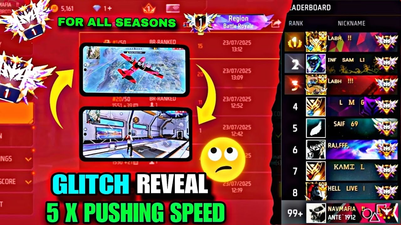 ‼️FREEFIRE NEW GLITCH TUTORIAL‼️FOR BR RANKED SEASON || 5X SPEED RANK PUSH || REGION PLAYER REVEAL