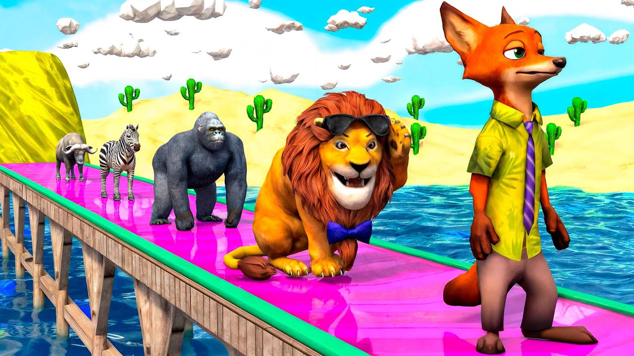 Long Slide Game With Elephant Gorilla Buffalo Hippopotamus Tiger - 3d Animal Game - Funny 3d Animals