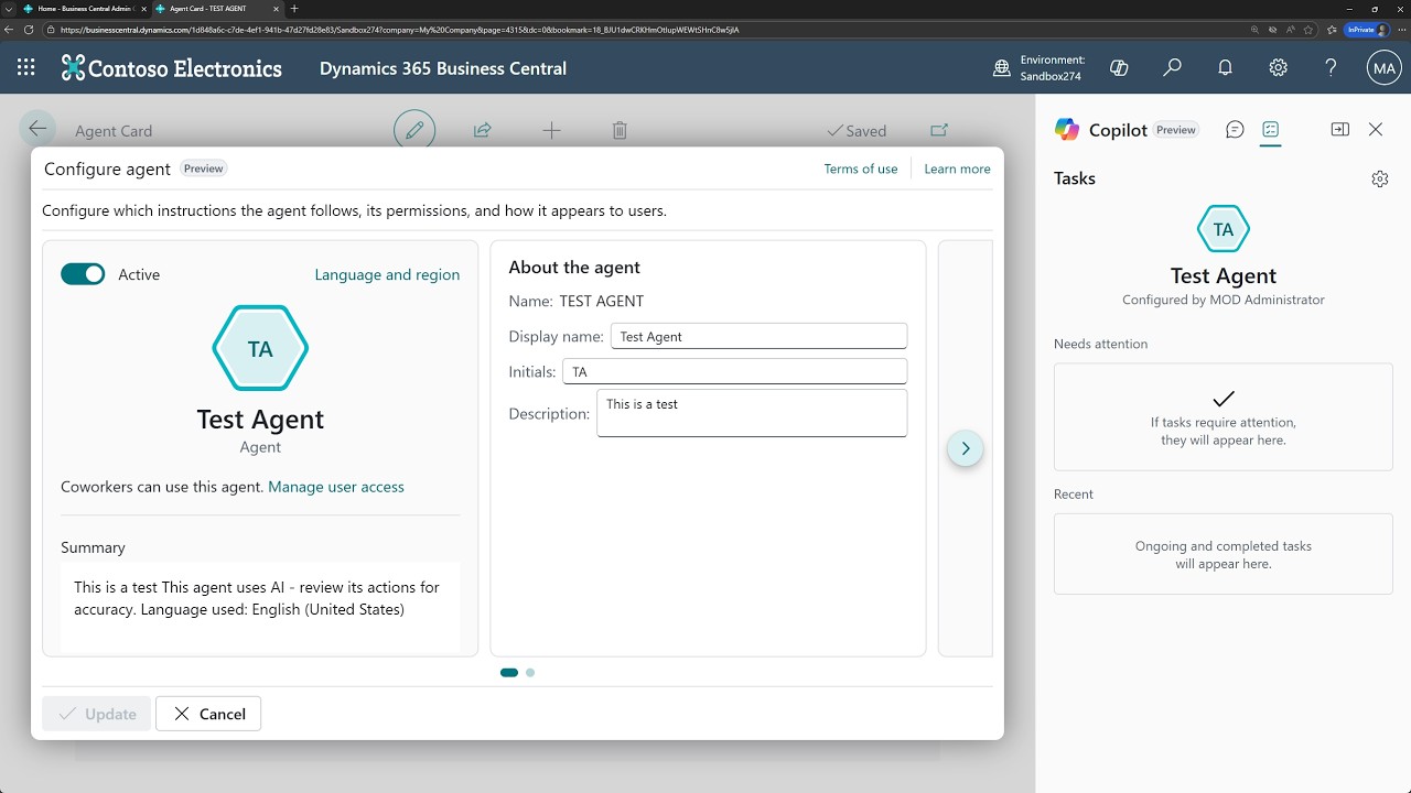 Business Central short video: Create and activate a custom agent