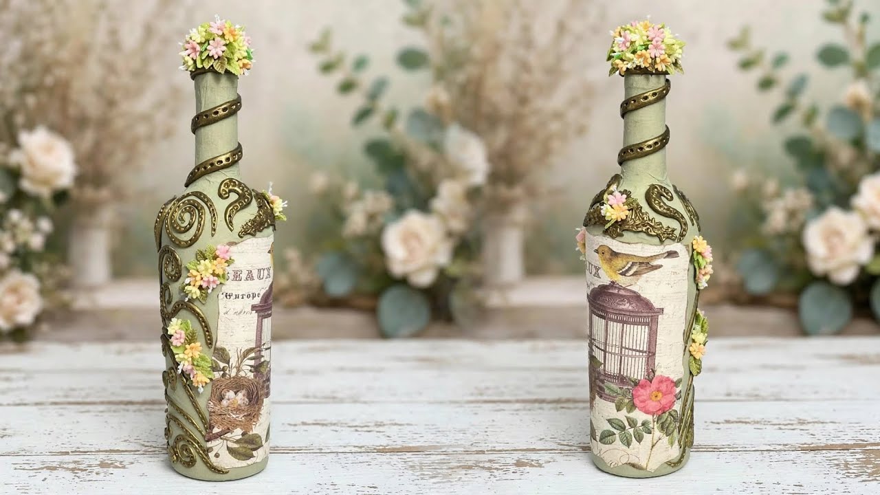 Decoración/ botella reciclada + DECOUPAGE +porcelana fría / pasta flexible ideas vender o regalar