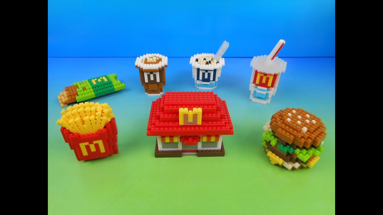 2015 McDONALD'S FOOD ICONS NANOBLOCK SET OF 7 HAPPY MEAL COLLECTION VIDEO REVIEW