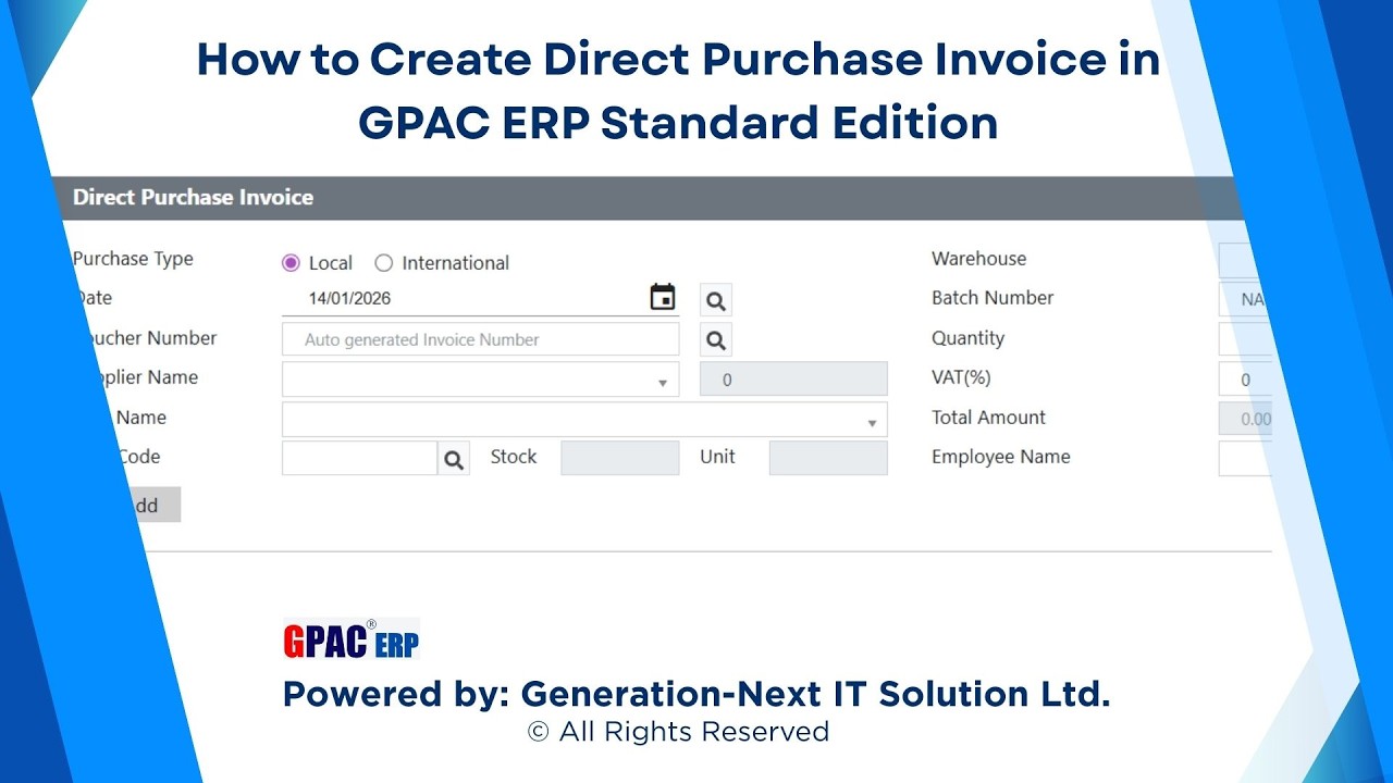 How to Create a Direct Purchase Invoice | User Training | GPAC ERP Standard Edition