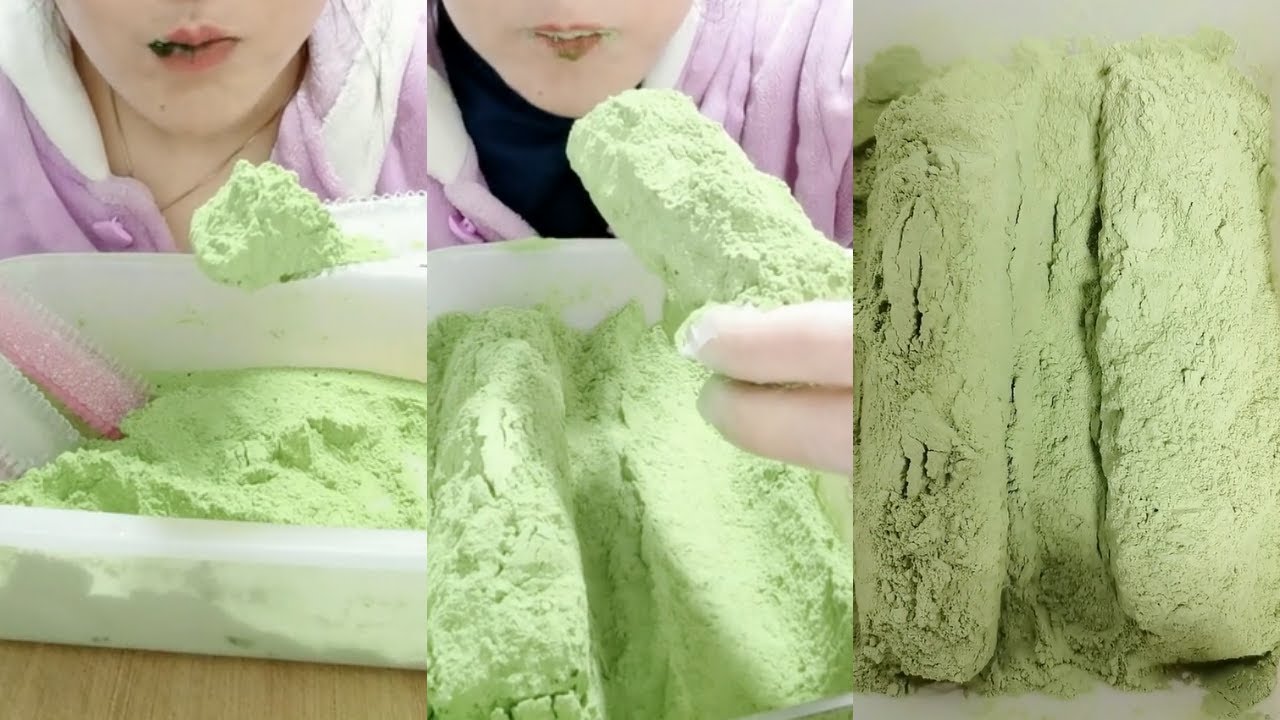 ASMR 얼음먹방 HEAVY MATCHA POWDERY THIN ICE BLOCK ICE EATING ASMR💚🍵 GREEN ICE MUKBANG 녹차 | 抹茶