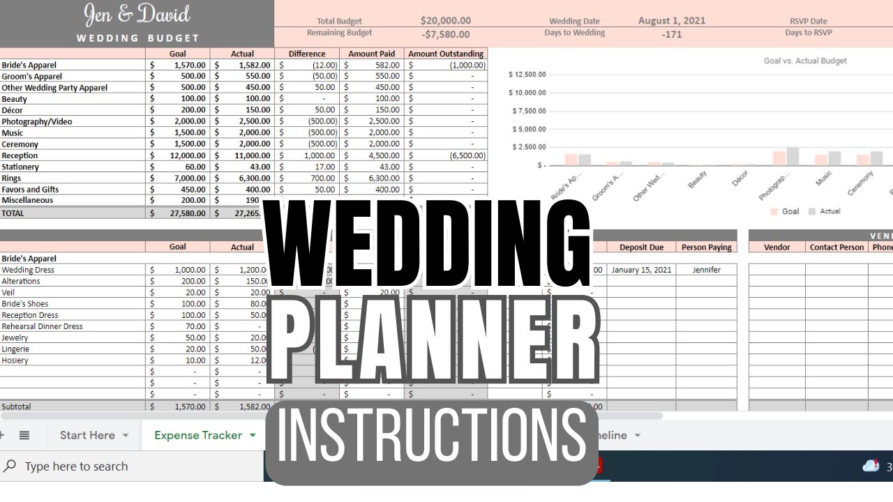 Wedding Planner Excel and Google Sheets Spreadsheet Tutorial/Instructions