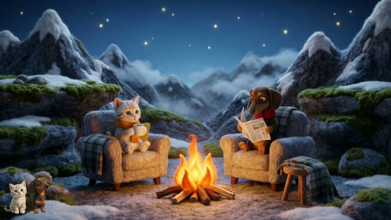 Cute Cat & Puppy Lo Fi by the Campfire 🔥 Relaxing Fire Sounds for Study, Sleep & Chill 🐱🐶🌙🎧