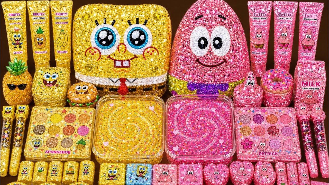 Satisfying Slime ASMR Making spongebob vs Patrick star Slime Mixing Makeup Lipsticks Candy M&Ms