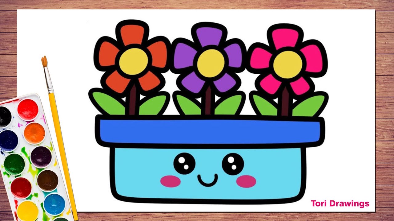 How to Draw a Cute Colourful Flower Pot | Draw a Flower Pot with Flowers Step by Step | Kids Drawing