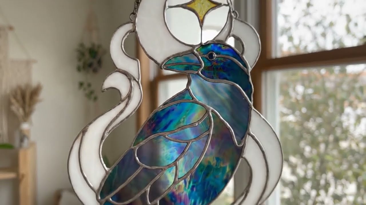 Raven On Moon And Star Stained Glass Suncatcher #stainedglass #handmade #painting #birds