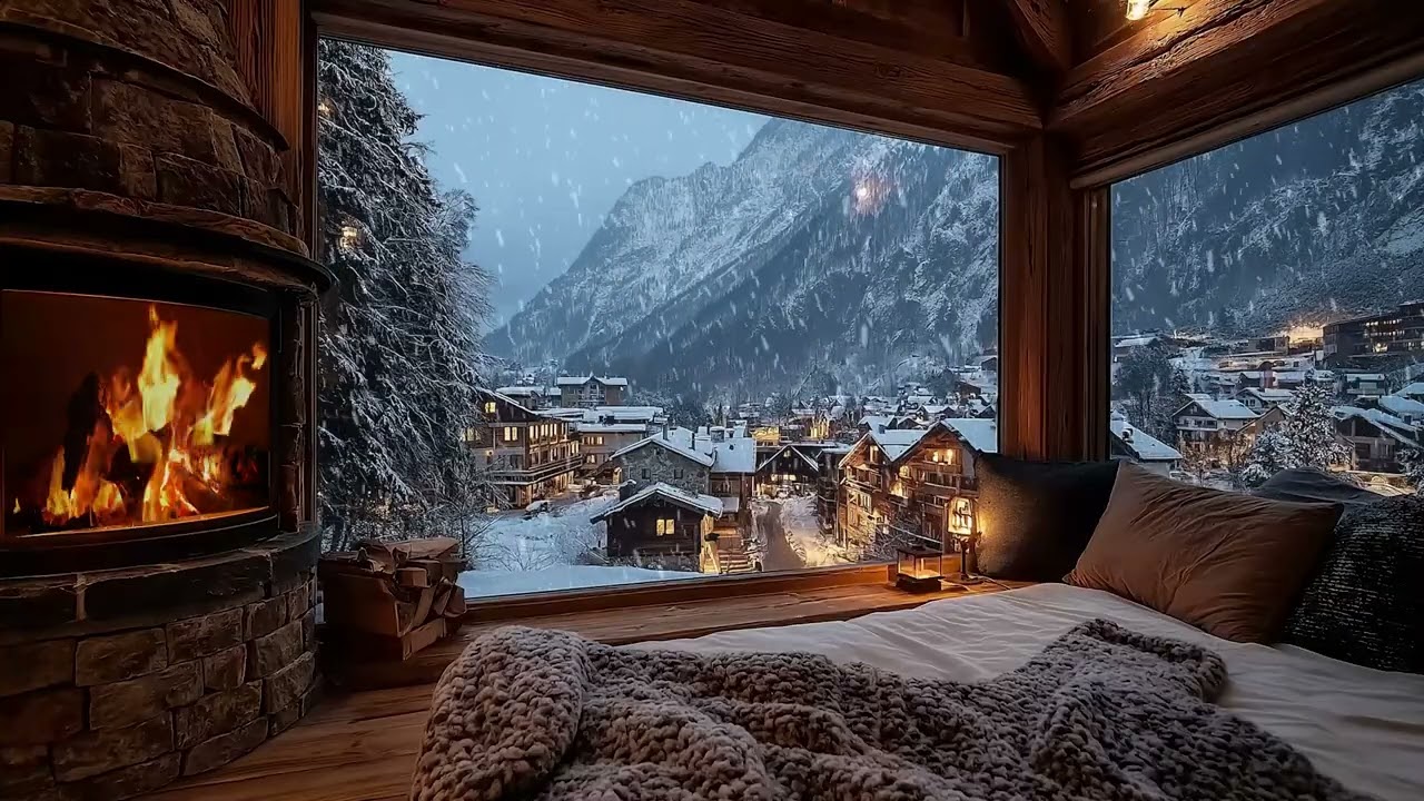 Quiet Winter Cabin Ambience with Crackling Fire and Snow Sounds for Sleep and Relaxation