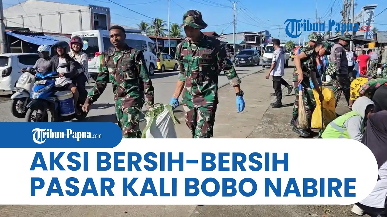 Seragam dan Noken Bersatu Bersihkan Sampah di Pasar Kali Bobo Nabire