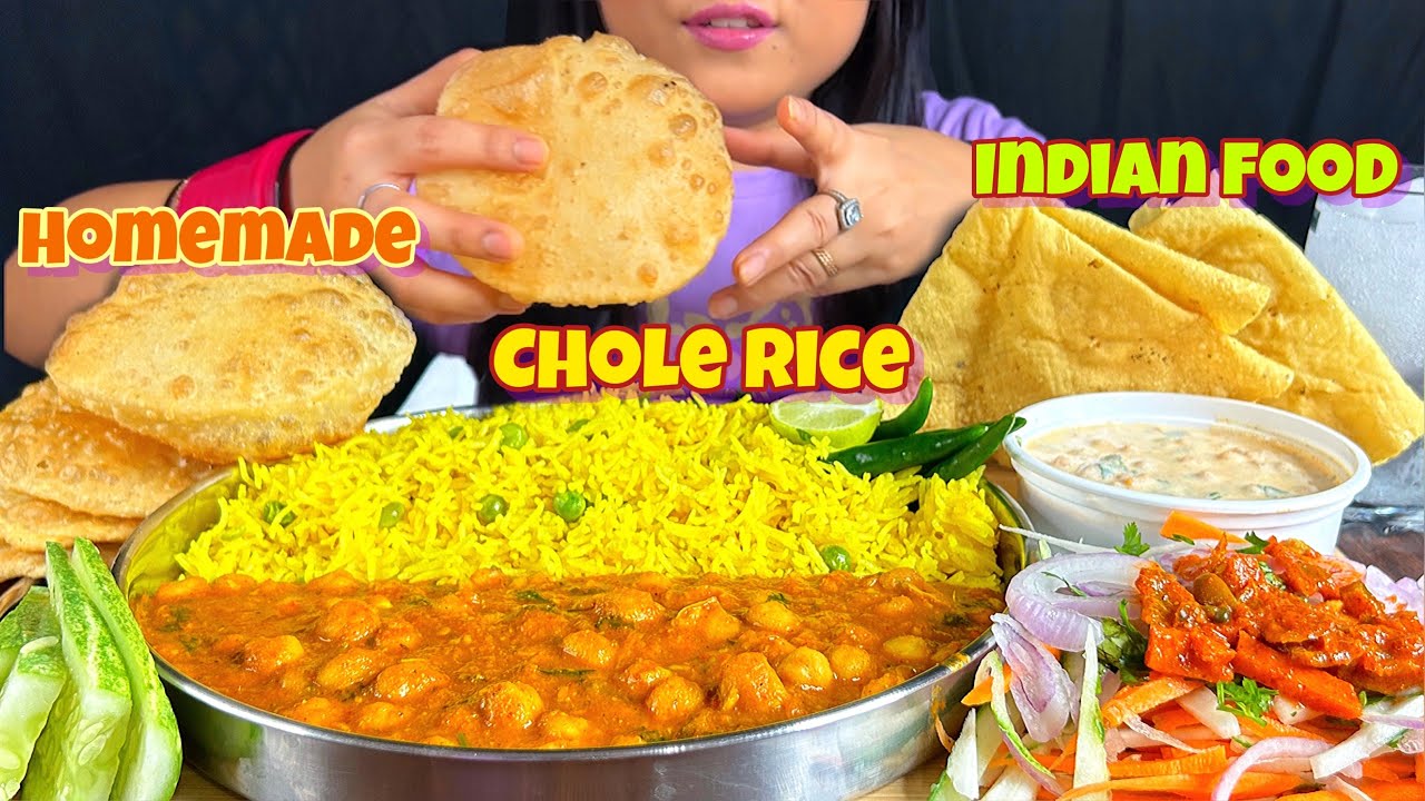 EATING CHOLE, MATAR PULAO, LUCHI, BOONDI RAITA, PAPAD & SALAD | INDIAN VEG FOOD | MUKBANG ASMR