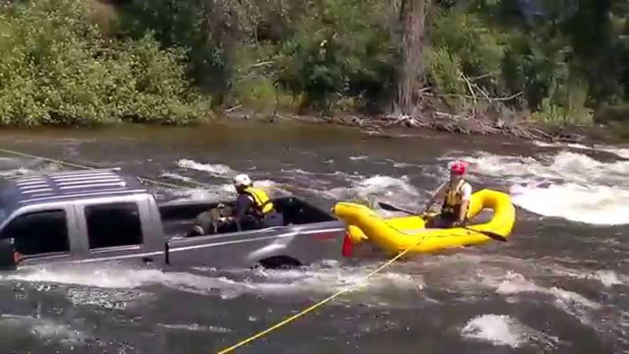 Rescuing a dog from the bed of a submerged truck