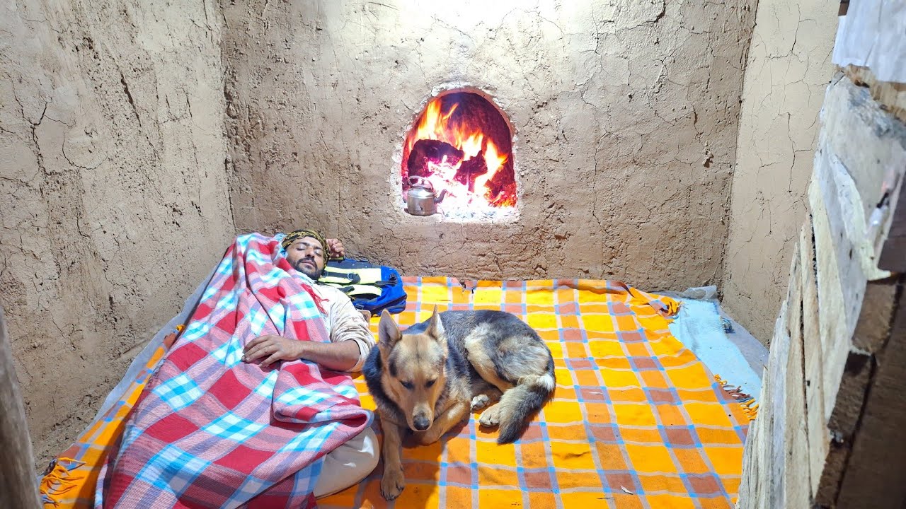 Building a wooden hut for survival in nature