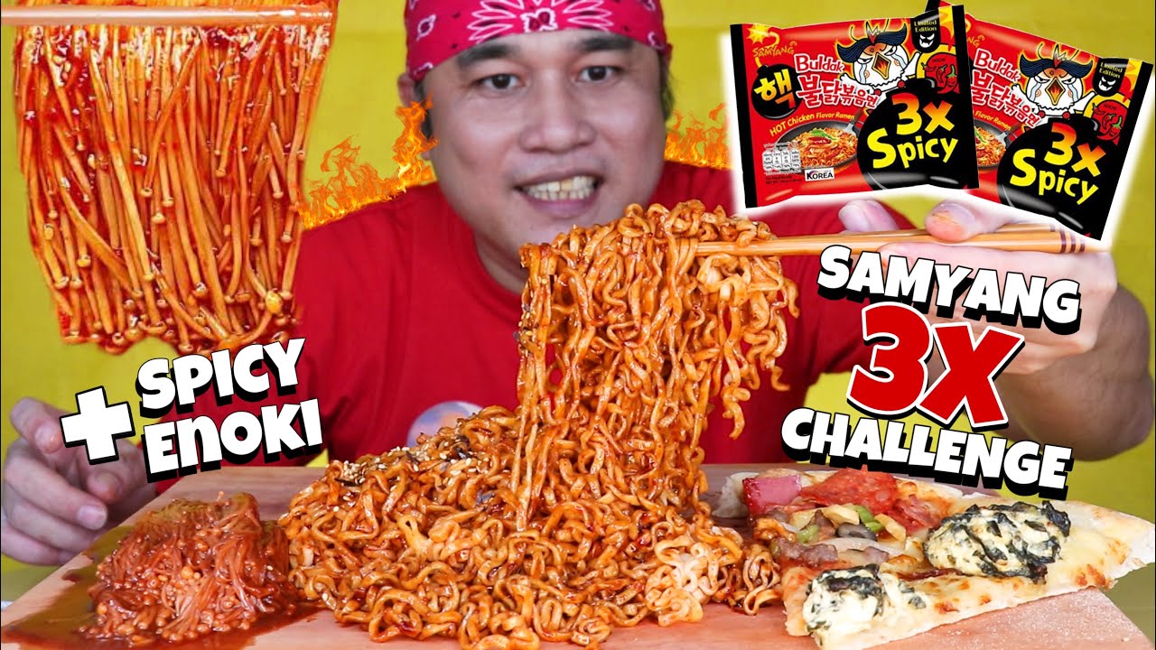 3X SPICY NOODLES CHALLENGE SAMYANG NUCLEAR FIRE PLUS SPICY ENOKI,PIZZA MUKBANG! PINOY MUKBANG