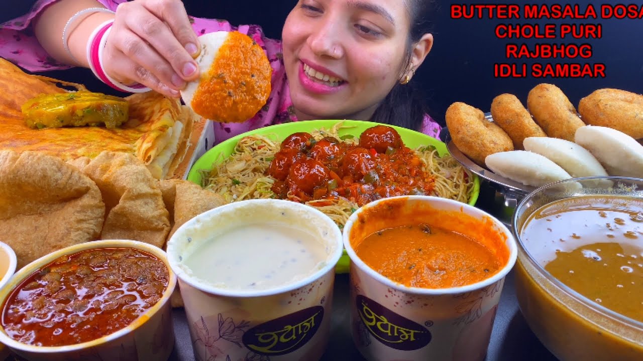 Eating Spicy🔥 Butter Masala Dosa, Chowmin, Manchurian, Idli Sambar, Vada Sambar, Chole Puri, Rajbhog