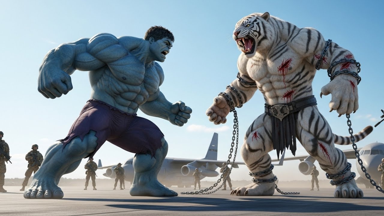 Blue Hulk vs. White Tiger: Destructive Battle on a Military Cargo Plane Over Rome