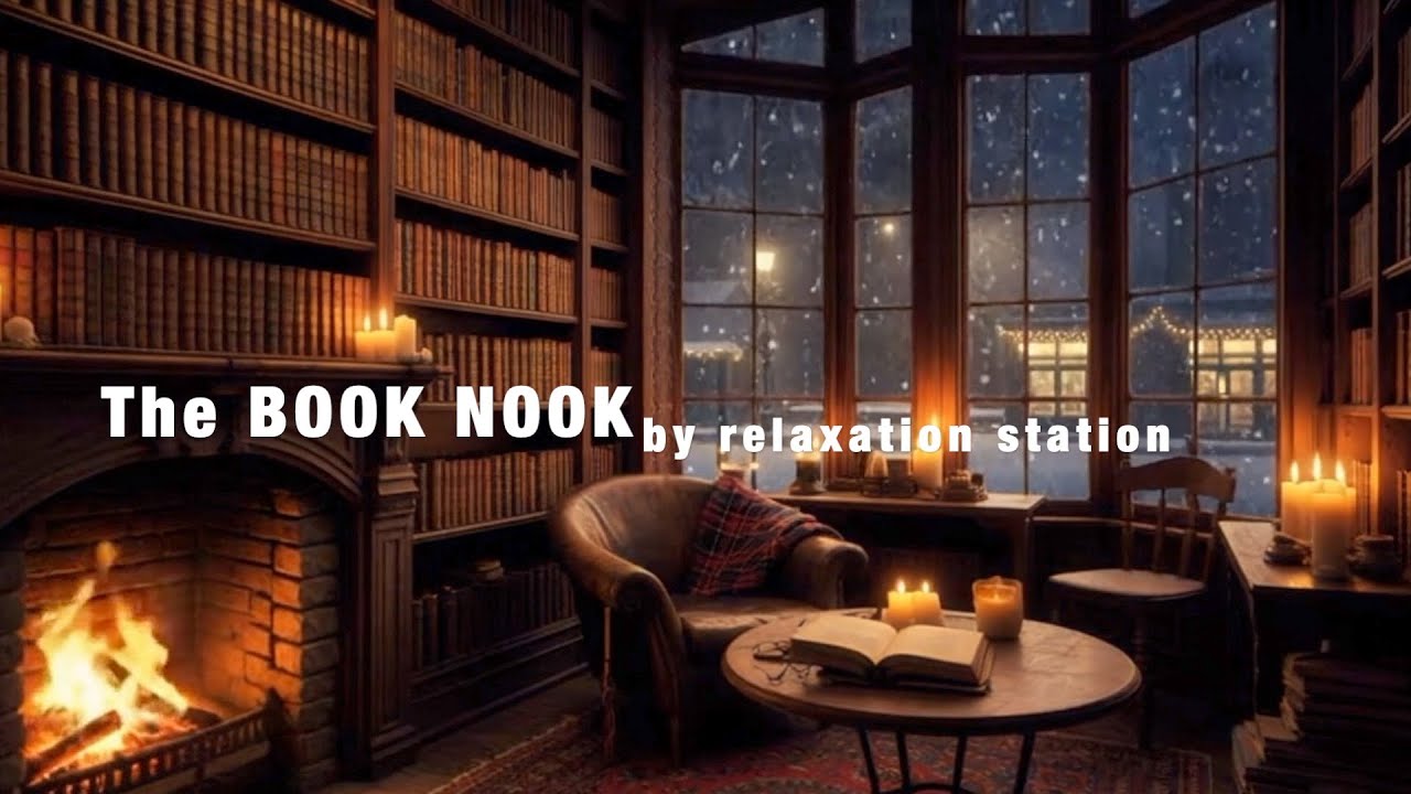 Cozy Fireplace Jazz Ambience with Snow & Bookcases | Relax, Study, Work