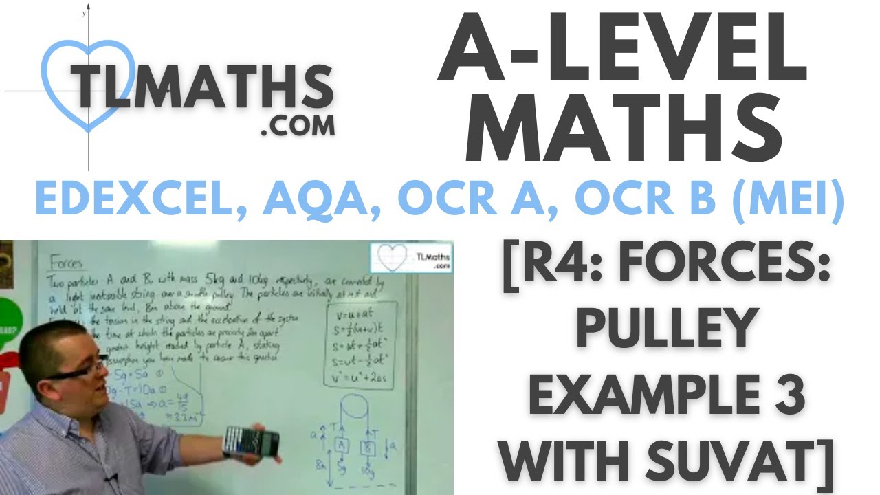 A-Level Maths: R4-08 [Forces: Pulley Example 3 with SUVAT]