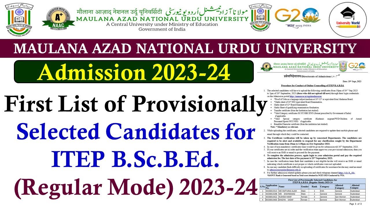 Manuu First List of Provisionally Selected Candidates for ITEP B.Sc.B.Ed 2023-24 || @UniversityWorld