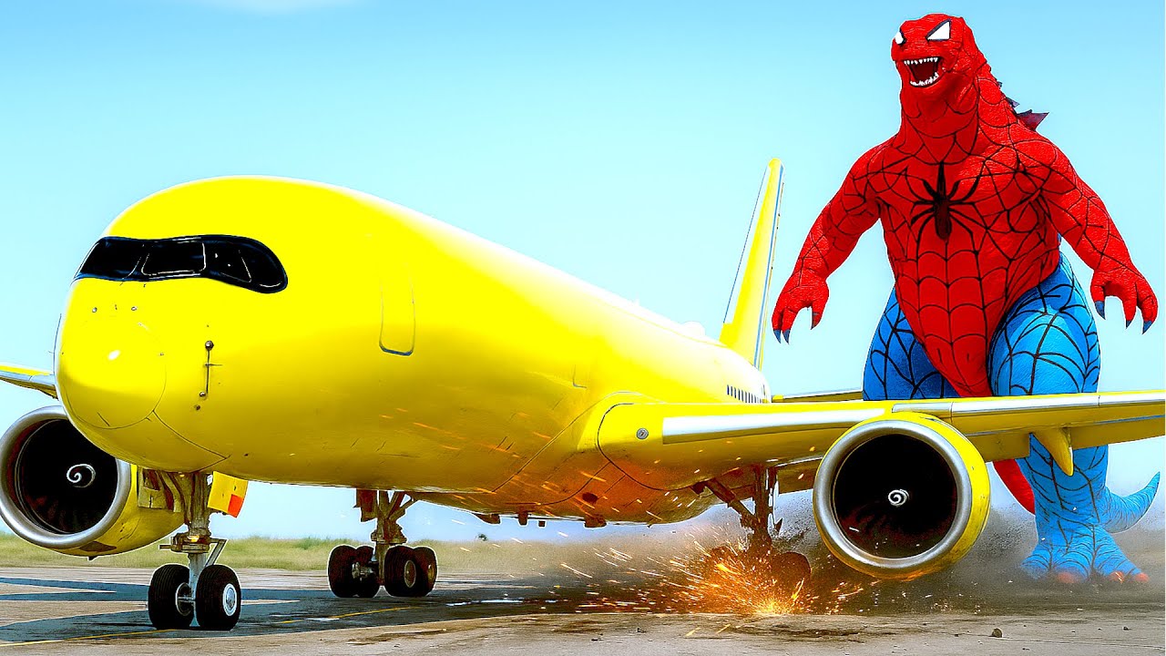 Aeroplane Crashes Into Spider Man Godzilla And Makes Emergency Landing In GTA 5