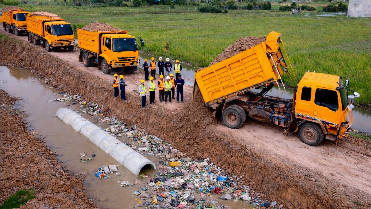 First Start Amazing Project!! Landfill Delete Pond Flood By Skills Dozer Pushing Stone Into Water