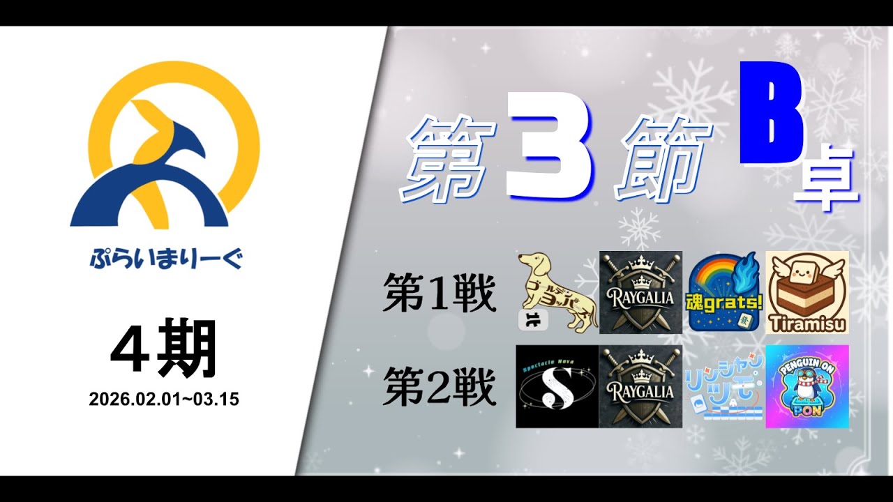 【#雀魂】#ぷらいまりーぐ 4期　第3節B卓【大会戦】