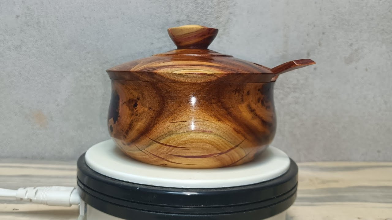 Smiled sugar pot with a spoon from plum wood - Woodturning