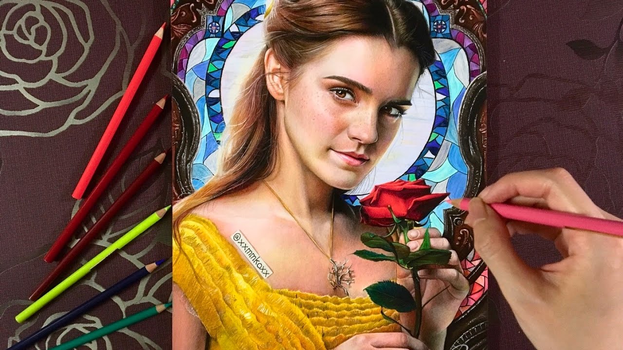 Drawing Emma Watson as Belle - ' Beauty And The Beast ' | 色鉛筆画 エマ・ワトソン 『美女と野獣』