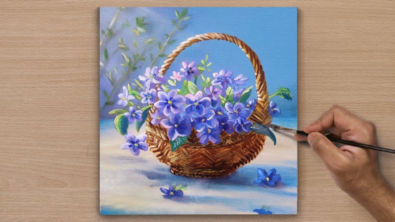 Painting Beautiful Vibrant Flowers in a Basket / Acrylic painting / Art paintings