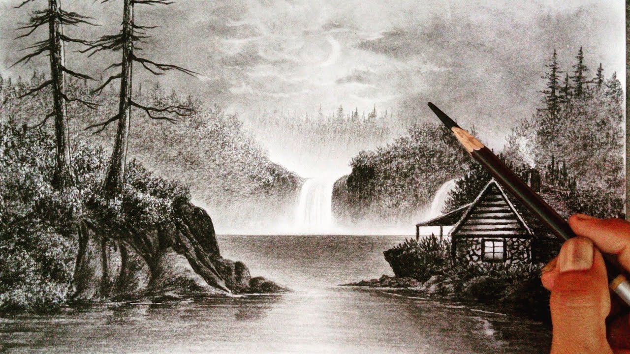 Night mode landscape scenery drawing by pencil easy ways // Pencil art //