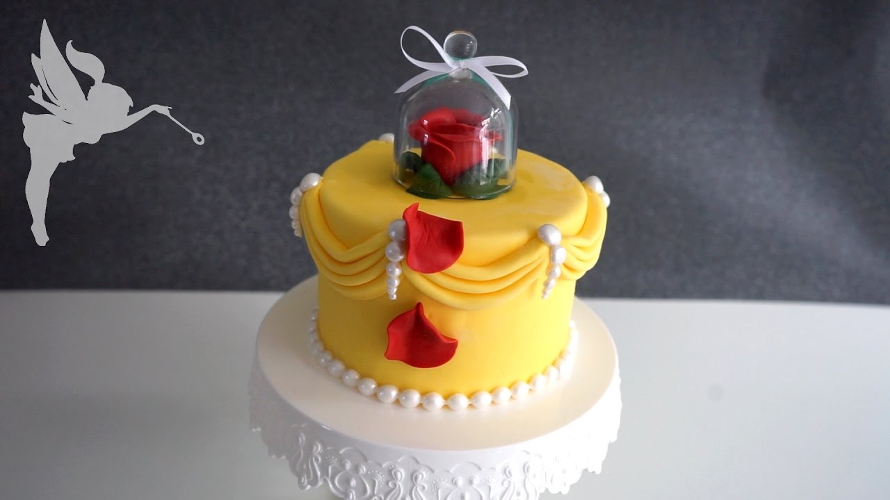 Einfache Schöne & das Biest Torte - Fondant Motivtorte mit modellierter Rose - Kuchenfee
