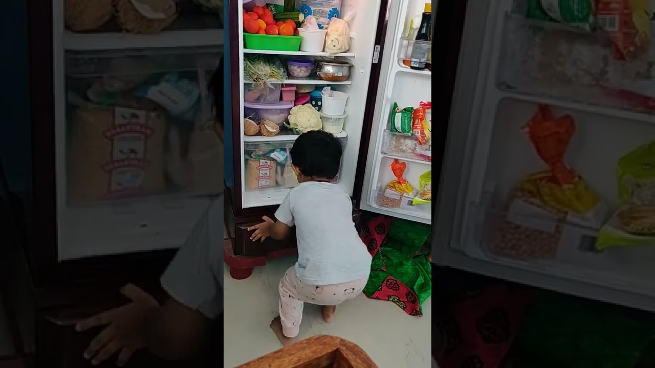 😭😭 fridge climb shouting for falling down..