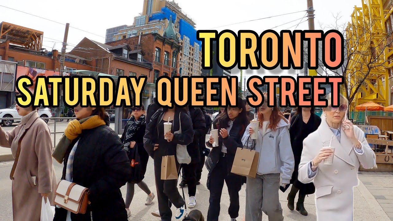 Toronto Saturday Queen Street Downtown walking Tour Canada 4K