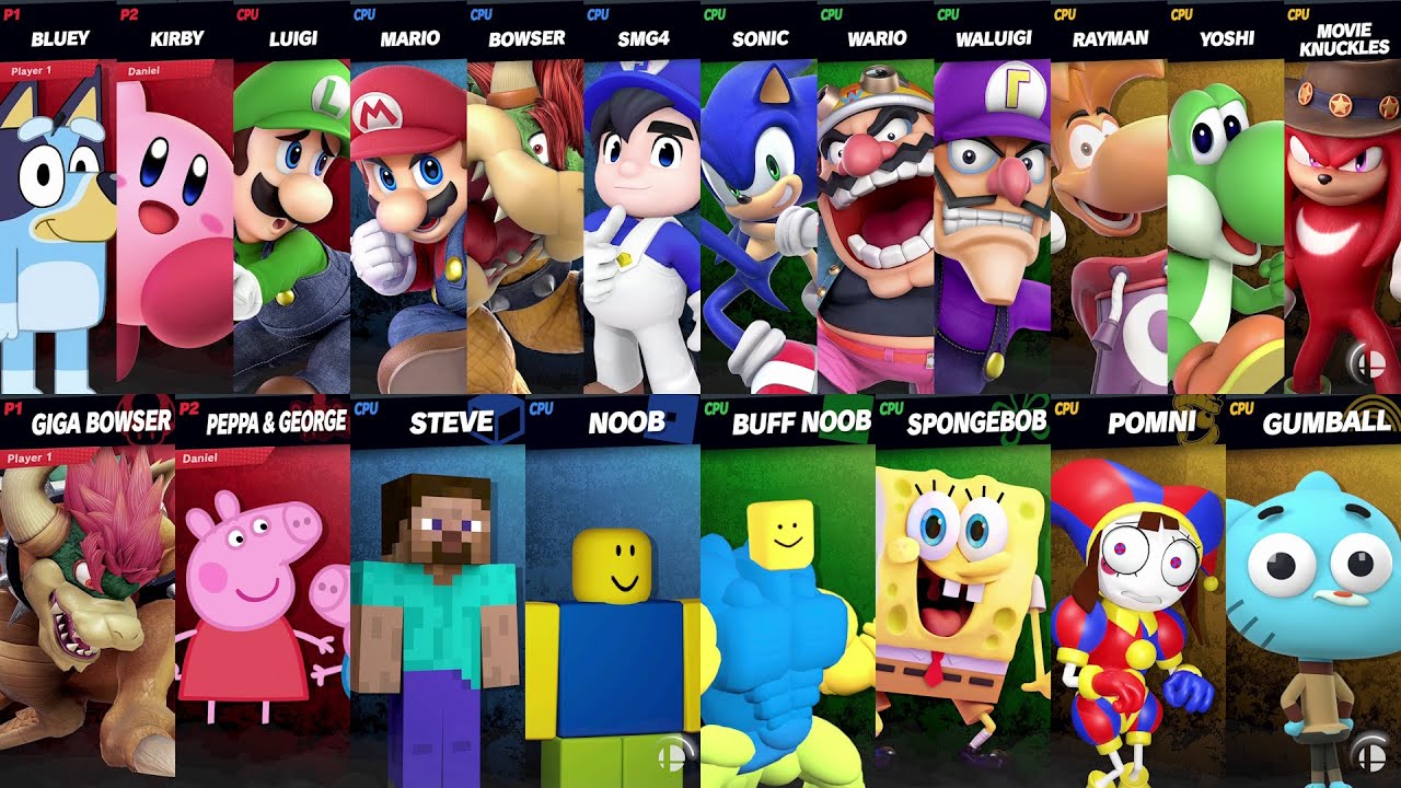 NEW Sonic vs Mario vs Roblox vs Minecraft vs Peppa vs Bluey vs SpongeBob vs Steve | Super Smash Bros