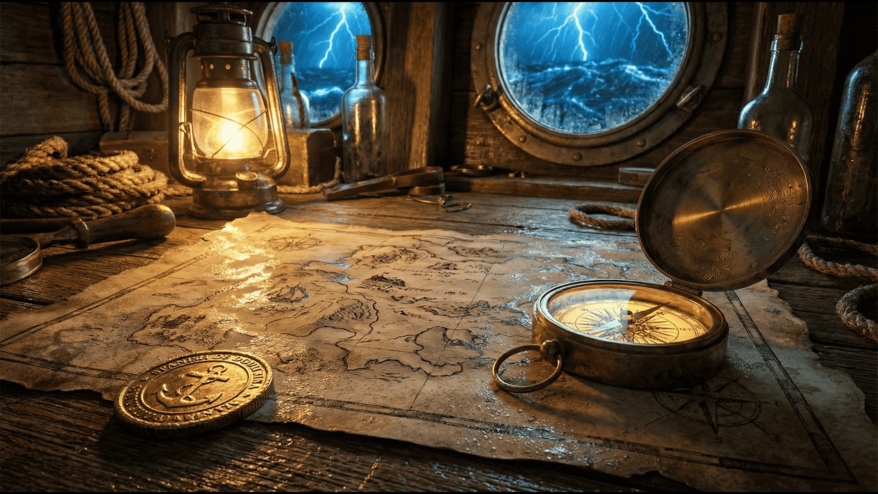 Ghost Ship Captain's Quarters - Ocean Waves, Creaking Wood & Dark Pirate Music [1 Hour]