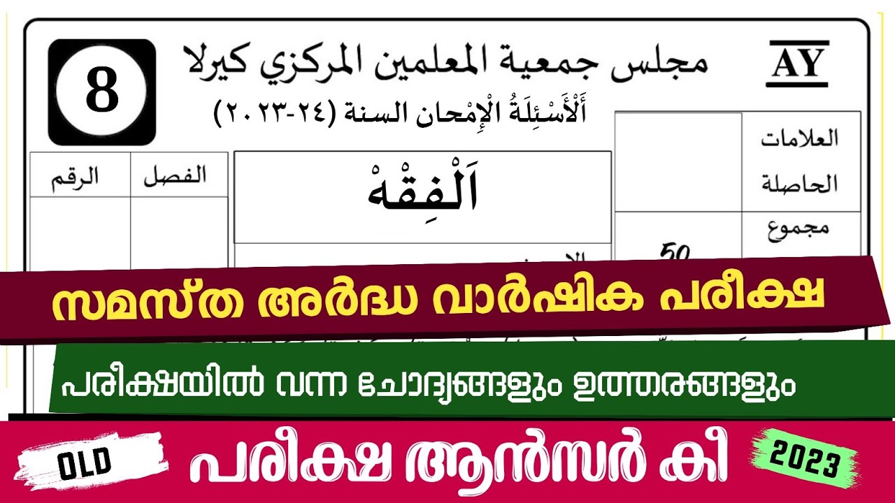 Ardha Varshika Pareeksha Class 8 Fiqh Model Question Papper/ അർദ്ധ വാർഷികം 2024 ഫിഖ്ഹ് ചോദ്യപേപ്പർ