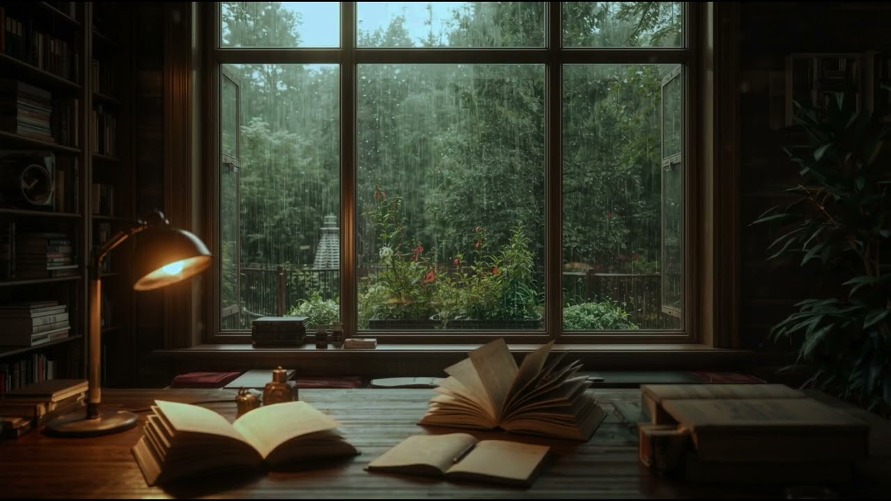 Rainy Garden Ambience 🌧 Cozy Desk & Open Book for Deep Focus (No Music)
