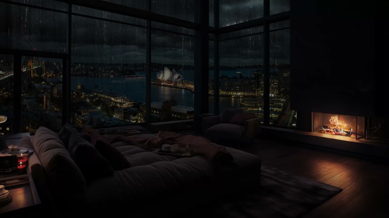 Cozy City Apartment at Night – Rain and Fireplace Sounds for Relaxation and Sleep