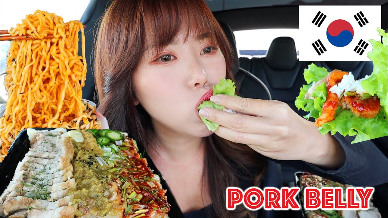 KOREAN FOOD MUKBANG 먹방 (PORK BELLY LETTUCE WRAPS Bossam 보쌈 & Spicy Samyang FIRE Noodles) Eating Show